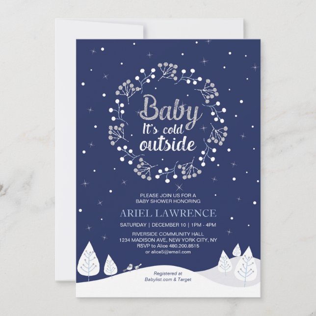 Boy Winter Wonderland Baby Dusche, Navy & Silver Einladung (Vorderseite)