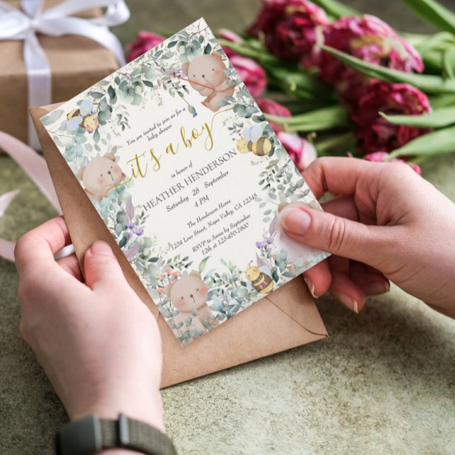 Boy Woodland Animals Bear Watercolor Babydusche Einladung (Von Creator hochgeladen)