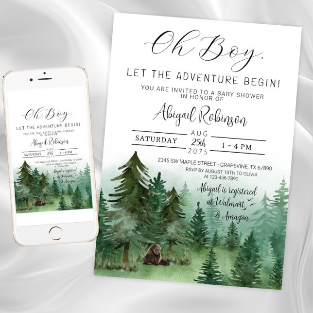 Boy Woodland Bear Oh Boy Baby Dusche Einladung (Woodland bear baby shower invitation. Instant download and printed invitations available.)