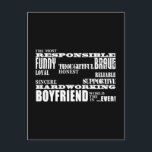 Boyfriends Best & Bestste Freundin : Qualität Postkarte<br><div class="desc">Die Qualitäten eines Mannes für junge Freunde sind ein stilvolles, modernes Geschenk für den verantwortungsvollsten, lustigsten, tapfersten, nachdenklichsten, loyalen, ehrlichen, zuverlässigen, schlanken, unterstützenden, hartarbeitenden Freund der Welt aller Zeiten: in modischen Schwarz-Weiß-Schriftart präsentiert. Ein originelles, auf Texten basierendes Design, das zehn positive männliche Eigenschaften auflistet:Verantwortungsvolle Funny Brave ThoughfulLoyal HonestReliable SincereSupportive Hardworking...</div>