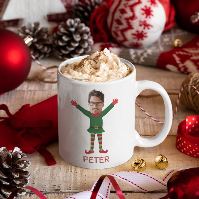 Boyfriend's Face & Name Elf Weihnachtsgeschenk Kaffeetasse (Boyfriend's Elf Photo & Name Funny Christmas Mug Personalized Photo)