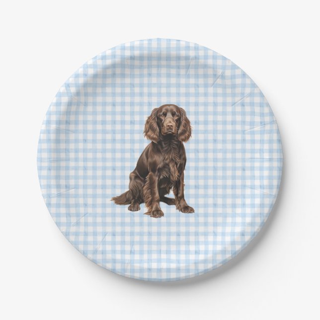 Boykin-Party-Teller, Hunde-Party, Blaues Gingham  Pappteller (Vorderseite)