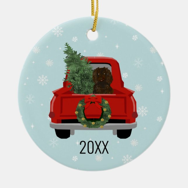 Boykin Spaniel Christmas Red Truck Keramik Ornament (Vorne)