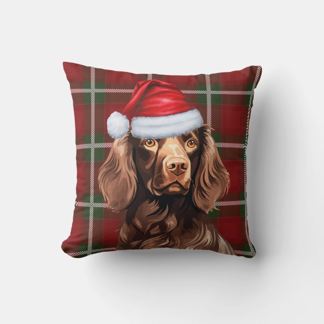 Boykin Spaniel Karierter Weihnachtsfeiertag Kissen (Vorderseite)