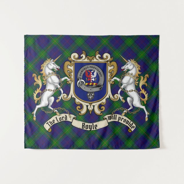 Boyle Clan Abzeichen & Unicorns w/Tartan Wandteppich (Vorderseite (Horizontal))
