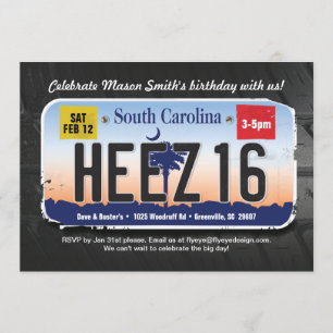 Boy's 16. Geburtstag South Carolina Lizenz Einladu Einladung