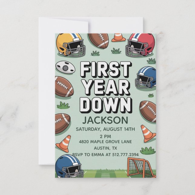 Boy's 1st Birthday First Year Down - Football  Einladung (Vorderseite)