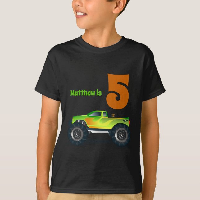 Boys 5th Birthday MONSTER TRUCK Name T-Shirt (Vorderseite)