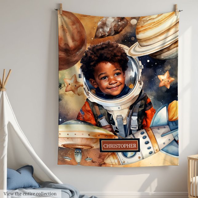 Boys Astronaut Blanket Black Skin Space Wasserfarb Fleecedecke (Watercolor Black Boy Astronaut Blanket for Boys)