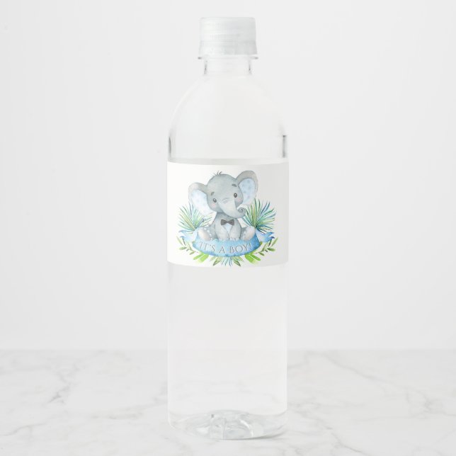 Boys Baby Elephant Baby Dusche Wasser Flaschen Lab Wasserflaschenetikett (Vorderseite)