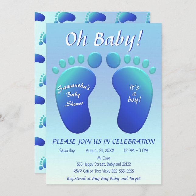 Boys Baby Feet Baby Dusche Blue Ombre Baby Dusche Einladung (Vorne/Hinten)