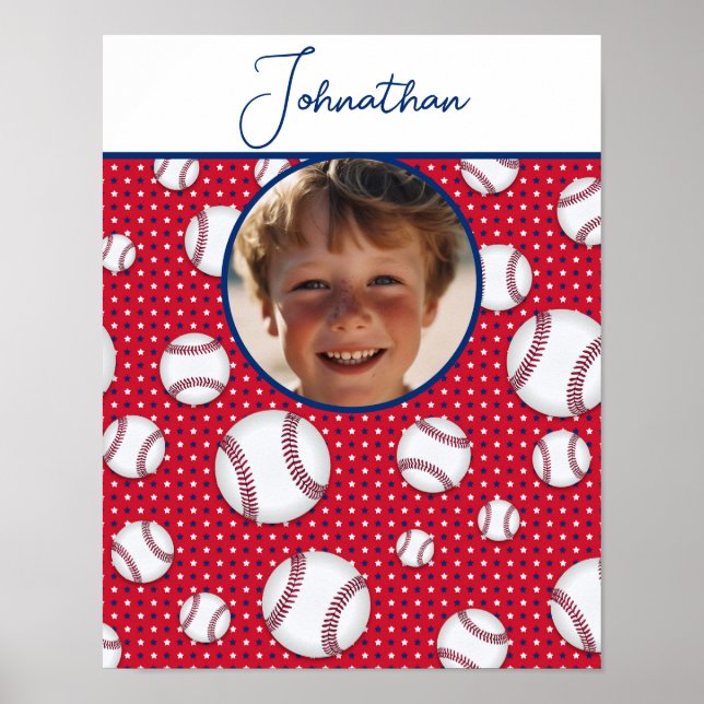 Boys Baseball Red White Blue Custom Foto mit/ Name Poster (Vorne)