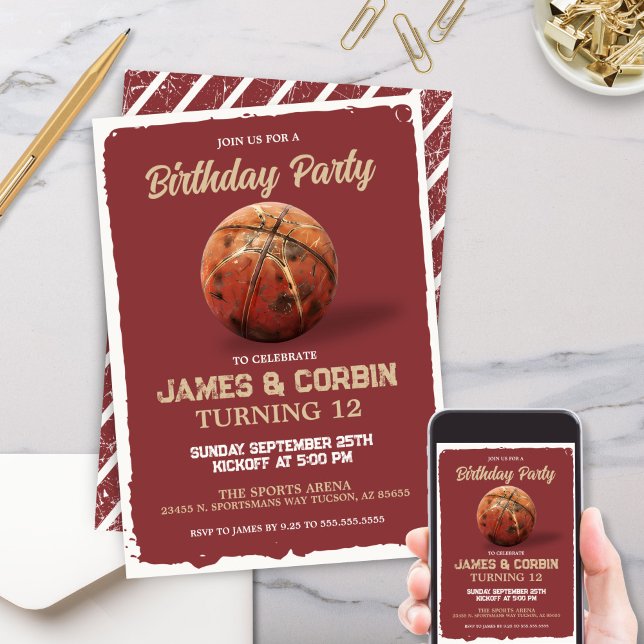 Boys Basketball Rotes Thema Double Birthday Party Einladung (Red Birthday party invitation for twins double party invites for two with basketball theme)