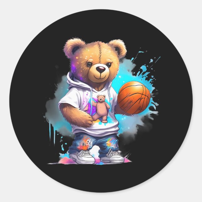 Boys Basketball Teddy Bear Runder Aufkleber (Vorderseite)