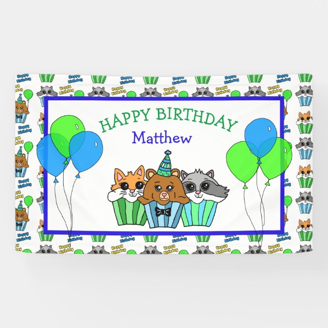 Boy's Birthday Fox, Raccoon und Bären Cupcakes Banner (Horizontal)