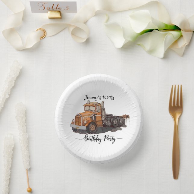 Boys Birthday Party Orange Semi Truck Pappteller (Hochzeit)