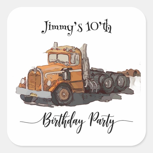 Boys Birthday Party Orange Semi Truck Quadratischer Aufkleber (Vorderseite)