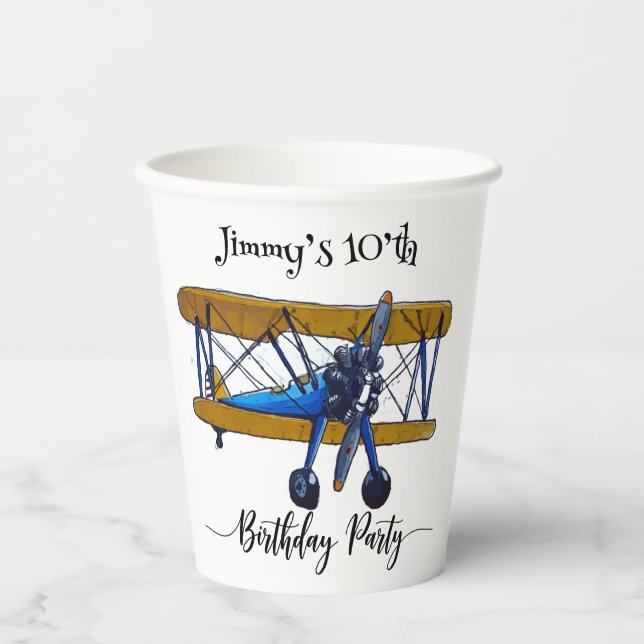 Boys birthday party with blue and yellow biplane pappbecher (Vorderseite)