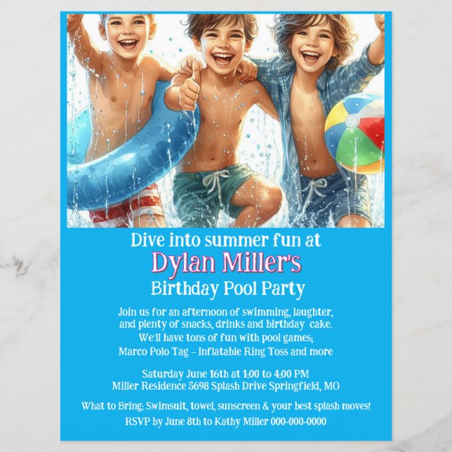 Boys Birthday Pool Party Einladung Flyer (Vorne)