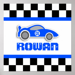 Boys blauer Rennwagen personalisiertes Poster