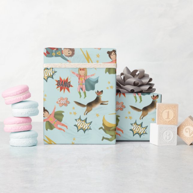 Boys Blue Action Superhero Kindergeburtstag Geschenkpapier (Babyparty)