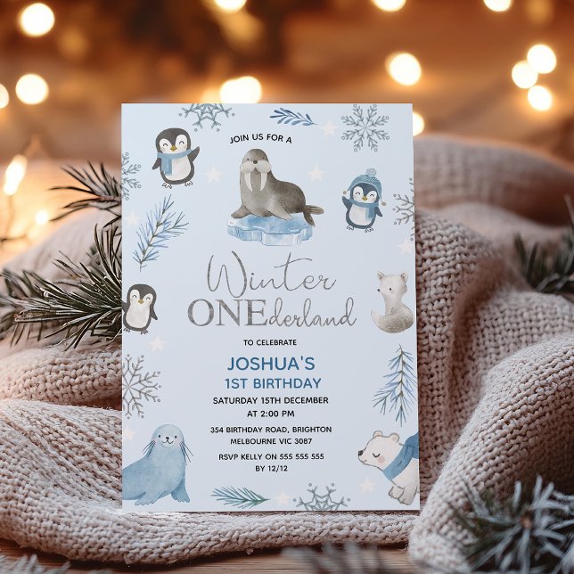 Boys Blue Arctic Winter Onederland 1. Geburtstag Einladung (Blue Arctic Animals Winter Onederland 1st Birthday Invitation Template Boy, Winter Onederland Invite)