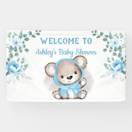 Boys Blue Bear Floral Custom Baby Dusche Banner