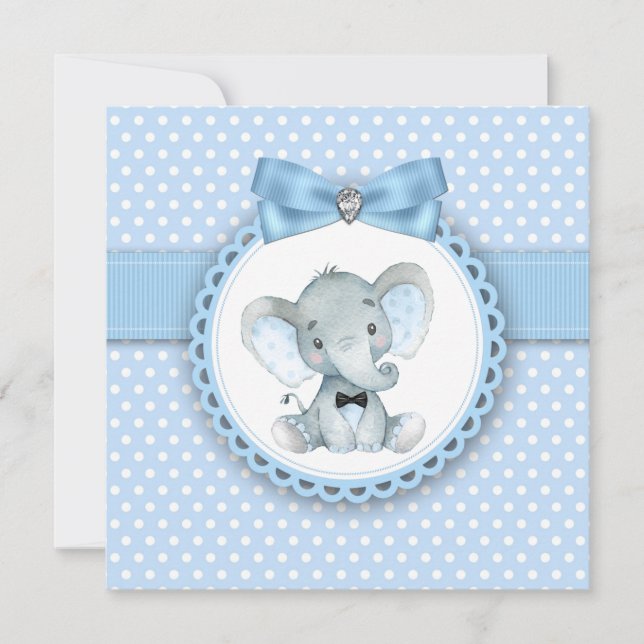 Boys Blue Elephant Baby Shower Einladungen (Vorderseite)
