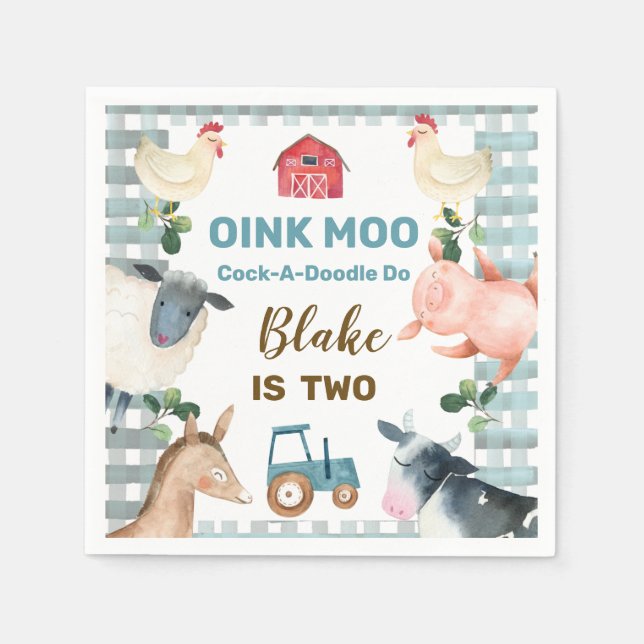 Boys Blue Farm Animals Tractor Birthday Napkin Serviette (Vorderseite)