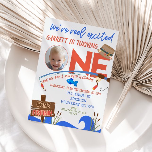 Boys Blue Fishing Wir sind begeistert vom 1. Gebur Einladung (Boys Reel Excited 1st Birthday Invitation Template, Fishing Themed 1st Birthday Invitation, Photo)
