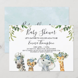 Boys Blue Floral Safari Tiere Kinderdusche Einladung