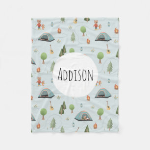 Boys Blue Forest Bear Camping Muster Name Kinder Fleecedecke