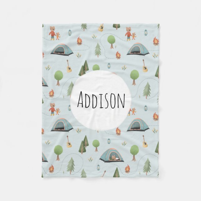 Boys Blue Forest Bear Camping Muster Name Kinder Fleecedecke (Vorderseite)