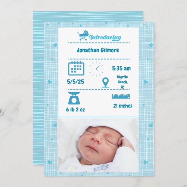 Boys Blue Foto Birth Stats Ankündigung (Vorne/Hinten)