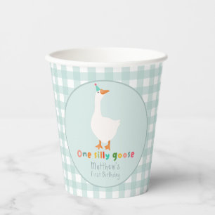 Boys Blue Gingham Ein Albernes Gänse 1. Geburtstag Pappbecher