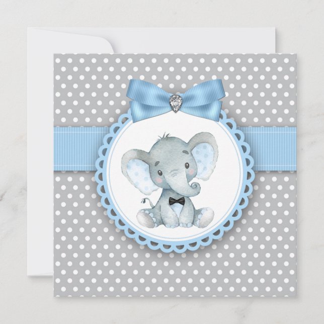 Boys Blue Gray Elephant Baby Shower Einladungen (Vorderseite)