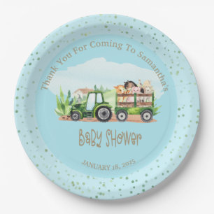 Boys Blue Green Farm Animals Traktor Baby Dusche Pappteller