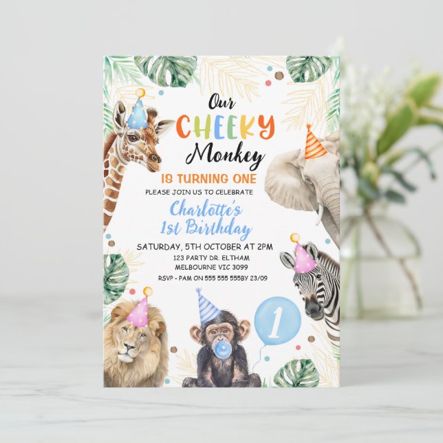 Boys Blue Hat Our Cheeky Affe Geburtstag Einladung (Stehend Vorderseite)