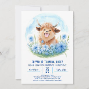 Boys' Blue Highland Cow Picnic Kindergeburtstag Einladung