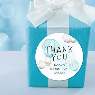 Boys Blue Hot Air Ballon 1. Geburtstag Vielen Dank Runder Aufkleber