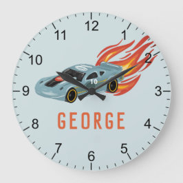 Boys Blue Hot Flames & Racing Car Kids Room Große Wanduhr