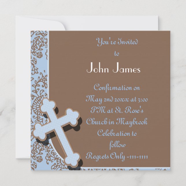 BOYS BLUE INVITATION MIT CROSS ANS DAMASK DESIGN EINLADUNG (Vorderseite)