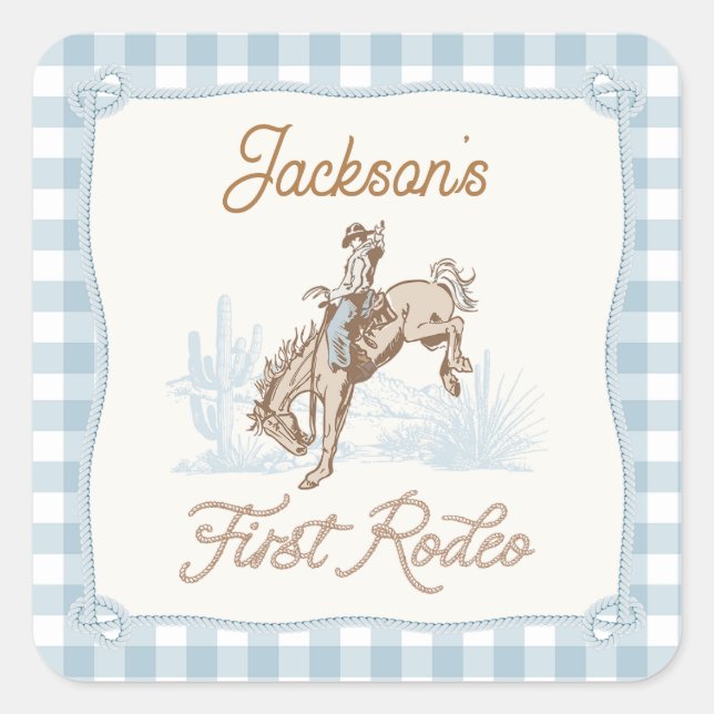 Boys Blue Kariert Cowboy 1st Rodeo Quadratischer Aufkleber (Vorderseite)