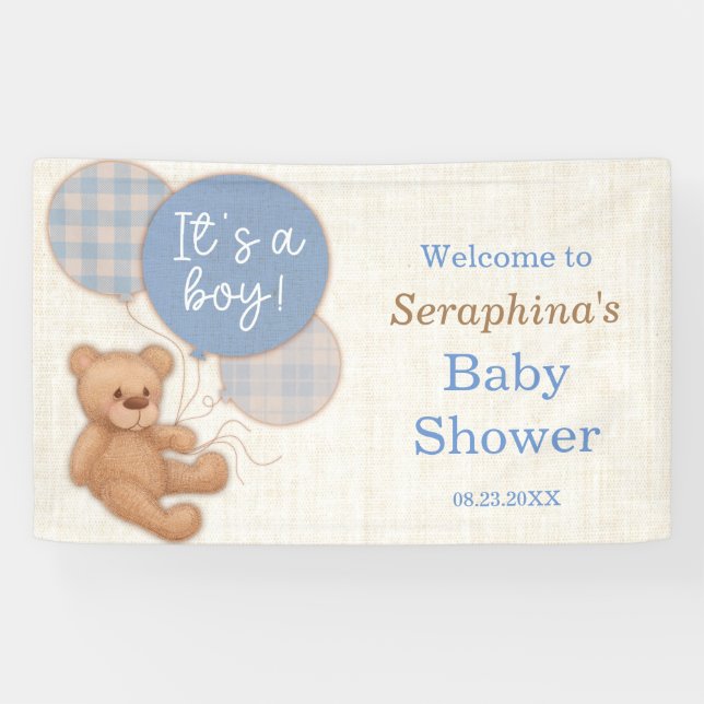 Boys Blue Kariert Teddy Bear Baby Dusche Banner (Horizontal)