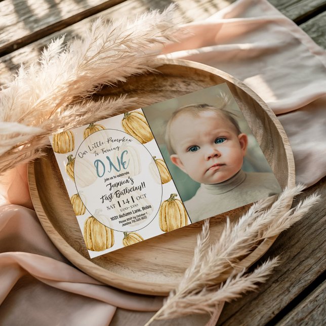 Boys Blue Little Pumpkin Fall Birthday Foto Einladung (Von Creator hochgeladen)