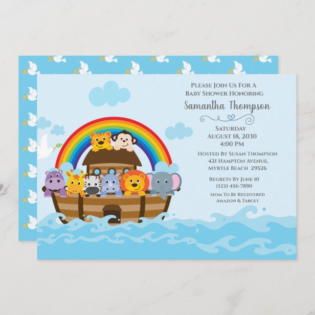 Boys Blue Noah's Ark Baby Shower Einladung (Vorne/Hinten)