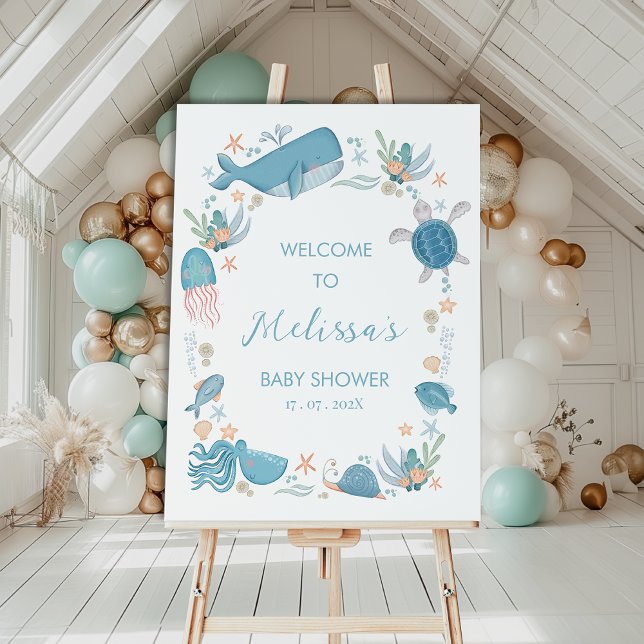 Boys Blue Ocean Under Sea Baby Dusche Empfang Poster (Boys Blue Under The Sea baby Shower Welcome Sign Template, Editable Ocean Themed Baby Shower Welcome)