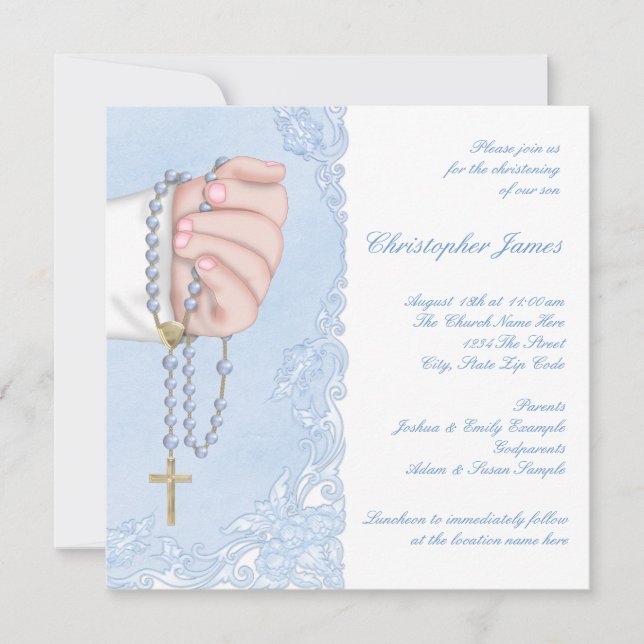 Boys Blue Rosary Christening Einladung (Vorderseite)