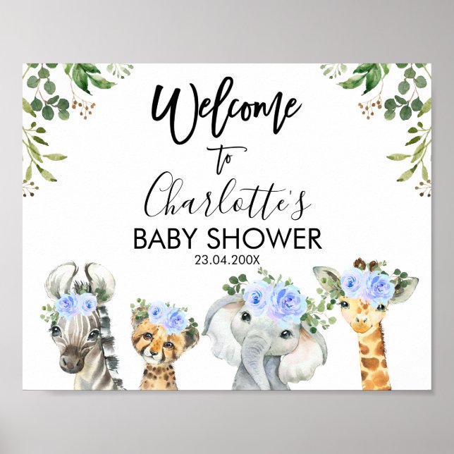 Boys Blue Safari Floral Baby Dusche Willkommenspen Poster (Vorne)