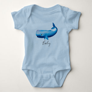 Boy's Blue Sea Watercolor Whale Beach mit Name Baby Strampler